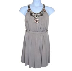 SUZI CHIN Maggy Boutique taupe beaded tank jersey trapeze dress‎ 2
